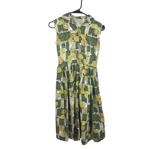 Vintage Sleeveless Button Up Collared Midi Dress Abstract Green Yellow Print